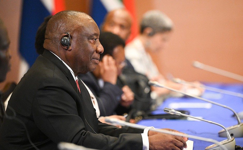 South African President Cyril Ramaphosa at a meeting on the sidelines of the BRICS summit in New Delhi