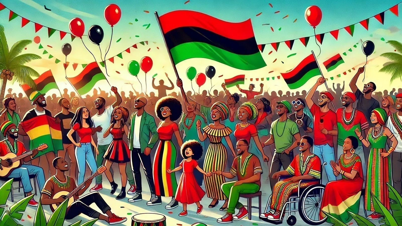 Illustration of a crowd celebrating African unity under Pan-African flags