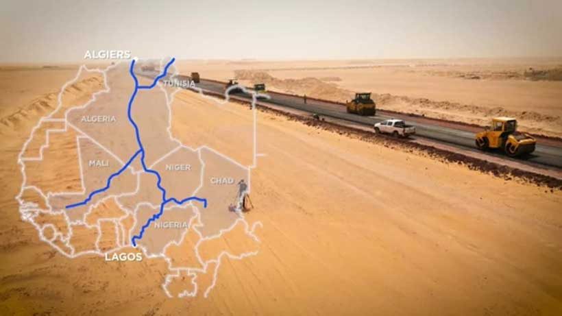 Map of the Trans-Saharan corridor from Algiers to Lagos over a desert road
