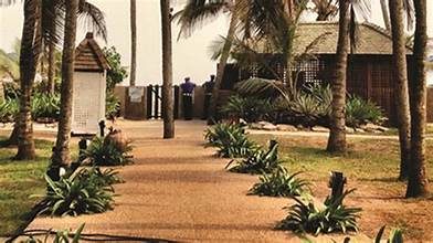 Palm-lined path at a West African beach resort